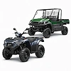 Kawasaki Brute Force fyrhjuling och Mule UTV på vit bakgrund.